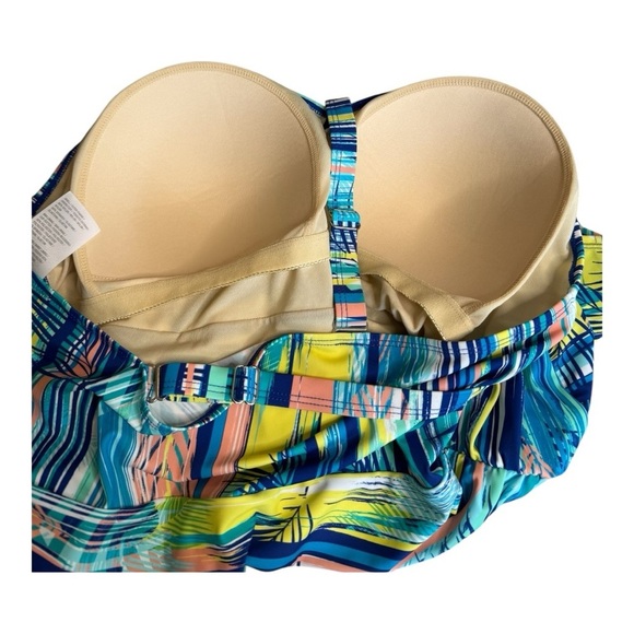 Denim & Co. Beach V-Neck Ruched Waist Swim Dress 22W A634759 Blue Stripe Palm - Picture 9 of 15